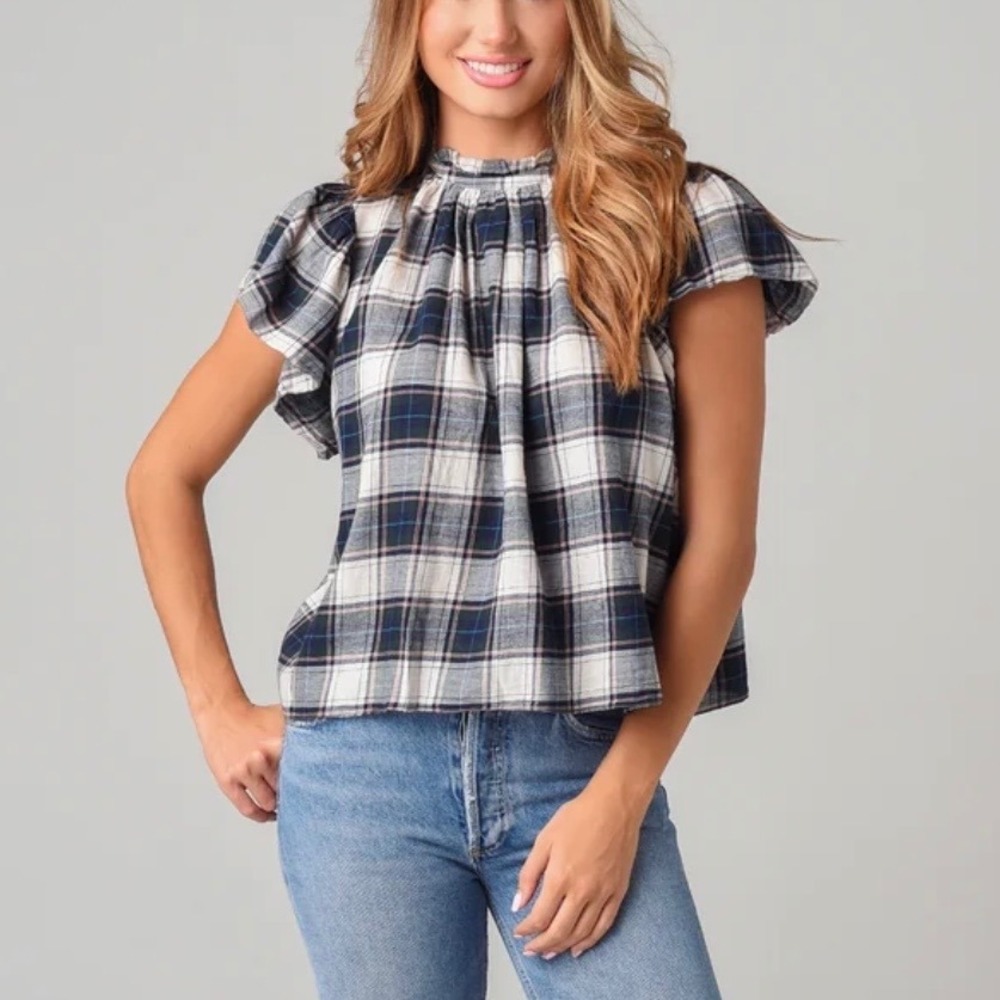 Trovata Birds Of Paradise Carla Blue Plaid Ruffle Highneck Cotton Blouse Fall L
